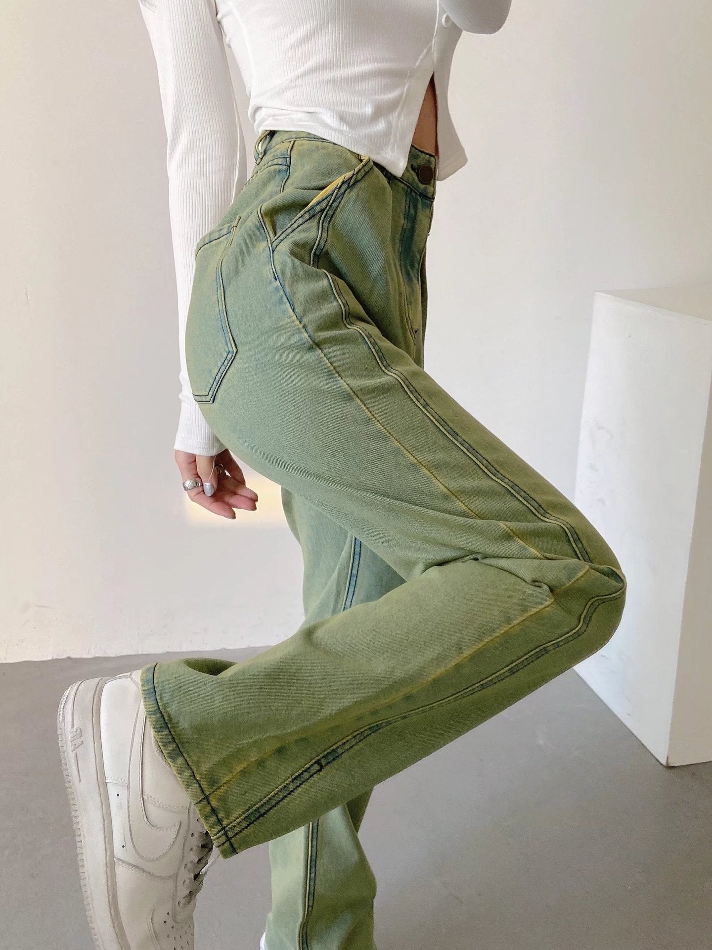Fashion Personality Green Jeans Woman