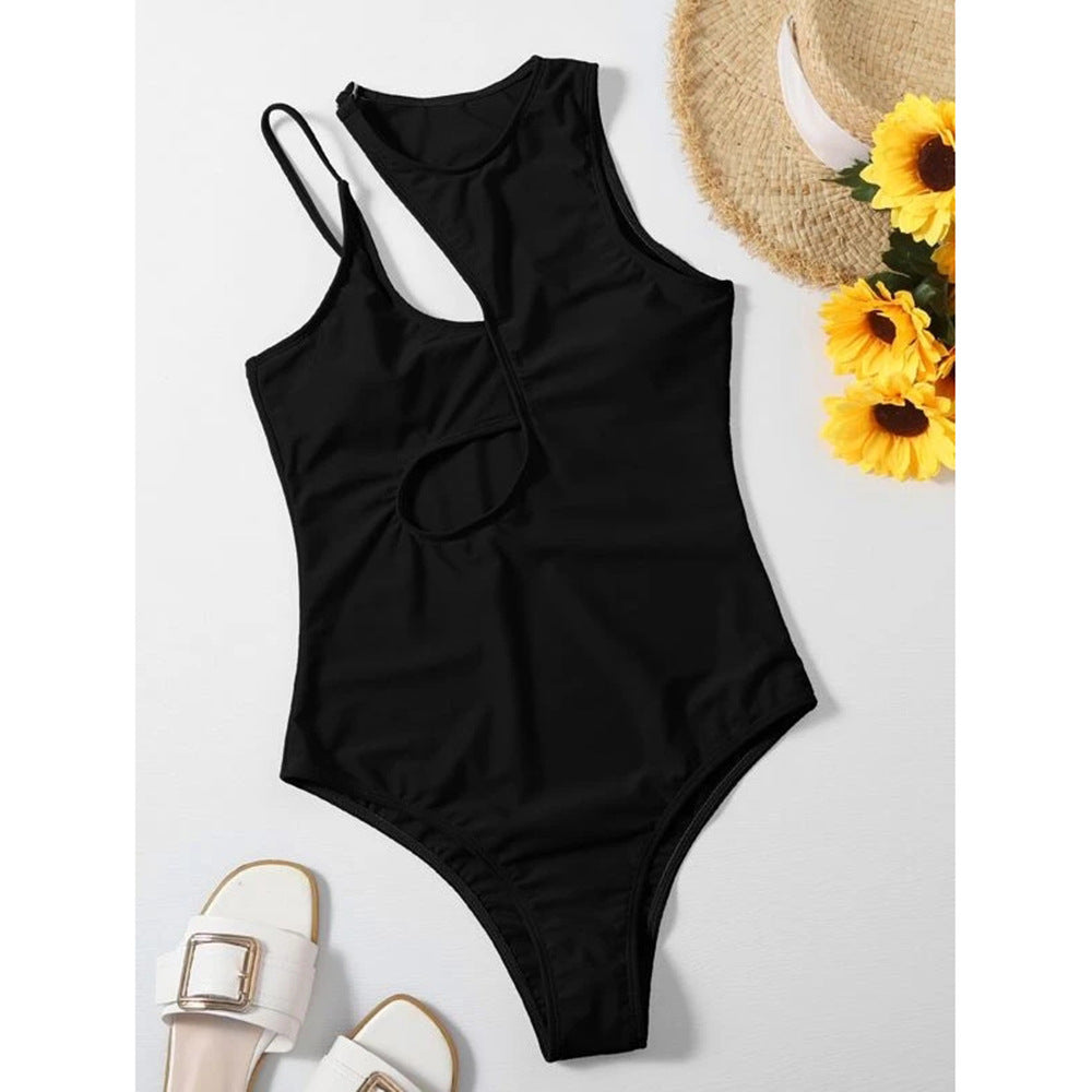 European And American New Style Swimwear Swimwear Cross-Border Foreign Trade Hollow Solid Color One-Piece Swimsuit Teng Wei