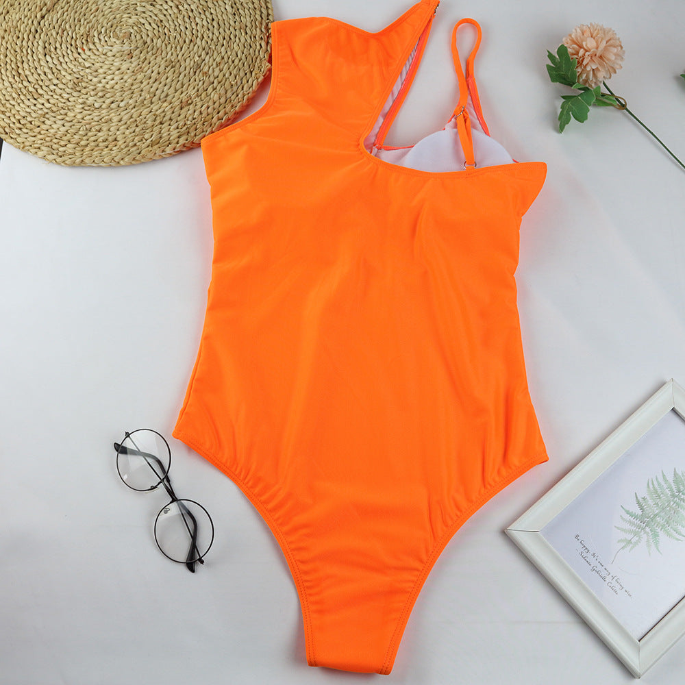 European And American New Style Swimwear Swimwear Cross-Border Foreign Trade Hollow Solid Color One-Piece Swimsuit Teng Wei