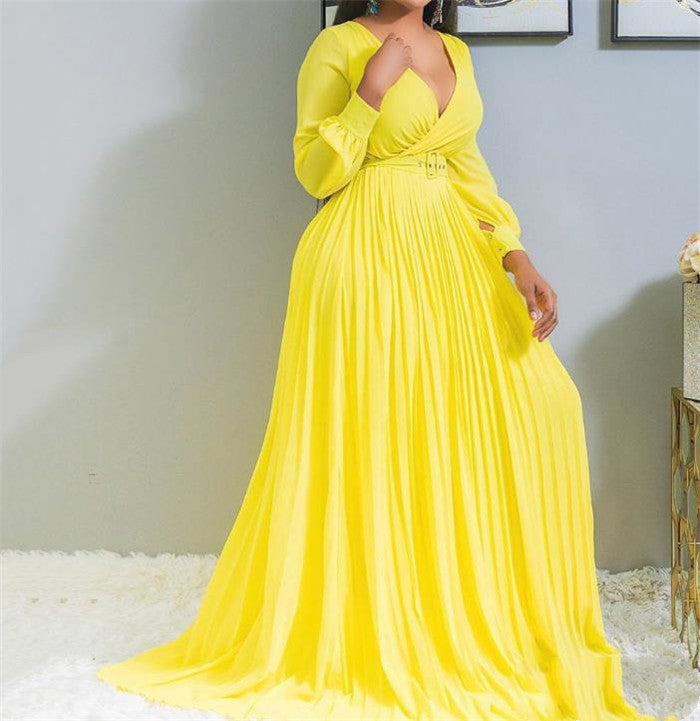 African Fashion Woman V-neck Long-sleeved Long Dress Yellow