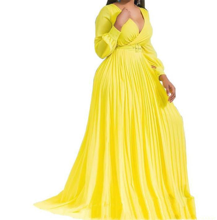African Fashion Woman V-neck Long-sleeved Long Dress Yellow