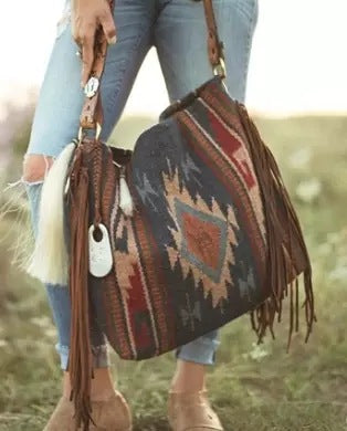 Western Cowboy Style Diamond Print Canvas Bag Shoulder Tassel Zipper