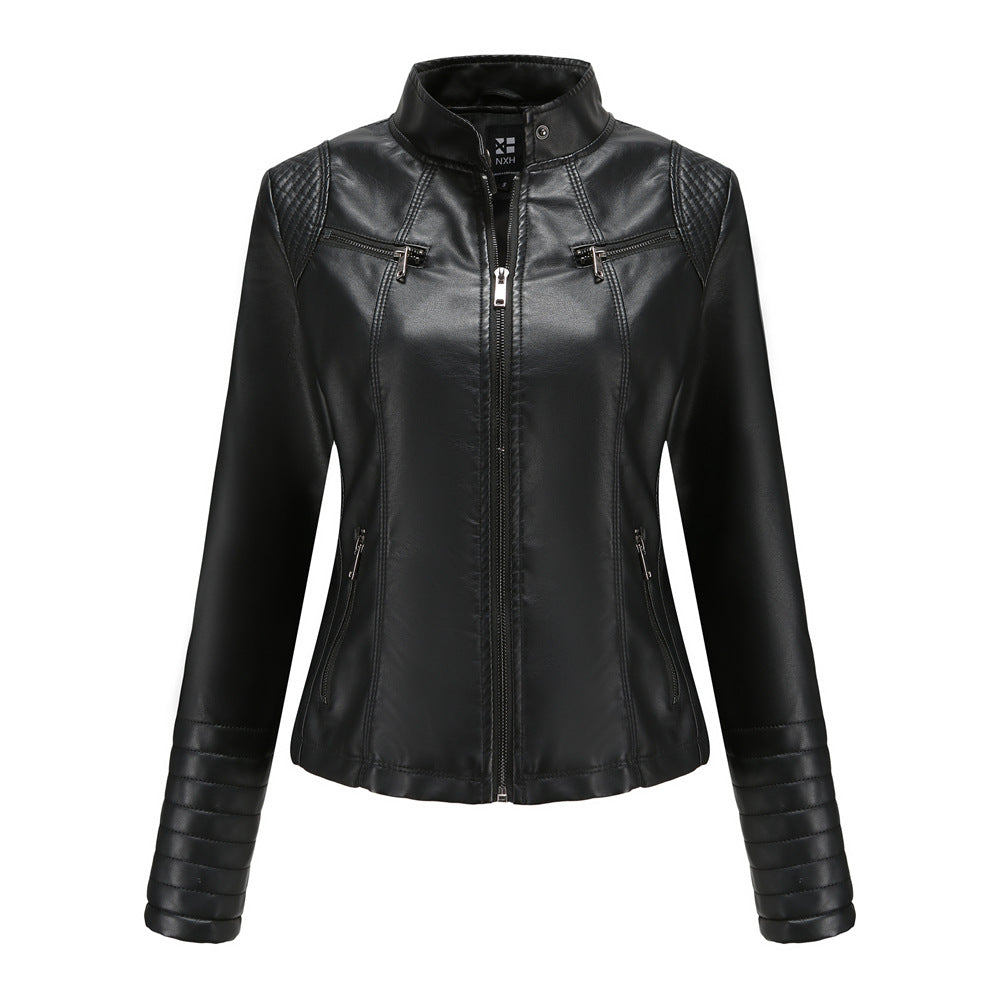 New Women's Thin Motorcycle Suit Leather Jacket Short