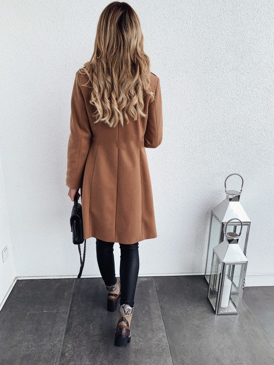 Solid color double breasted woolen coat