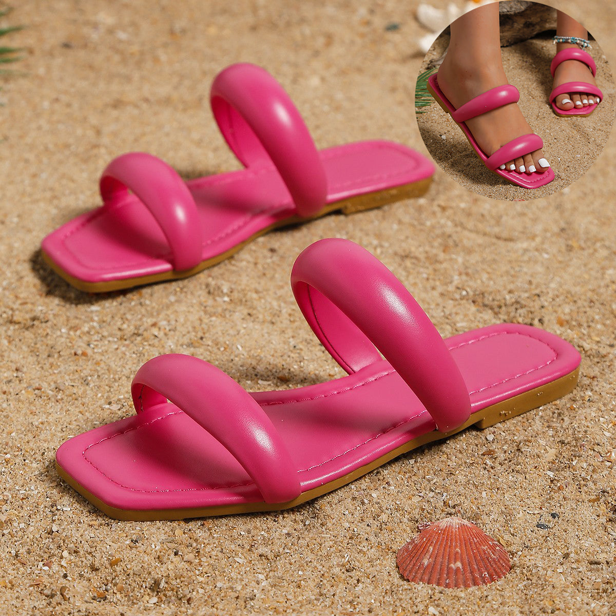 Beach Shoes Flat Slippers Square Toe Casual Flat Slides