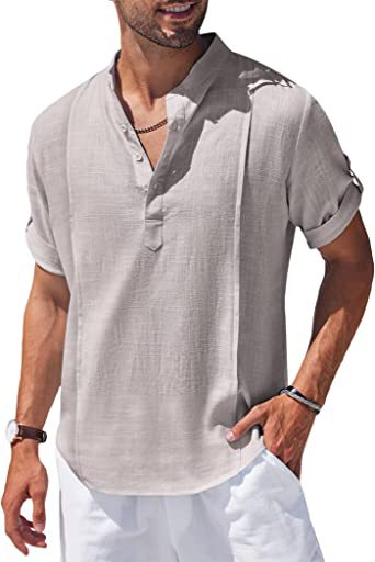 Henley Style Linen Shirt Men Casual Beach Shirt Short Sleeve T-Shirt Summer