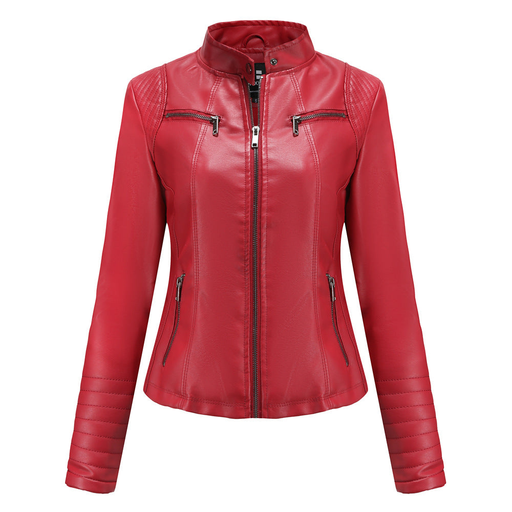 New Women's Thin Motorcycle Suit Leather Jacket Short