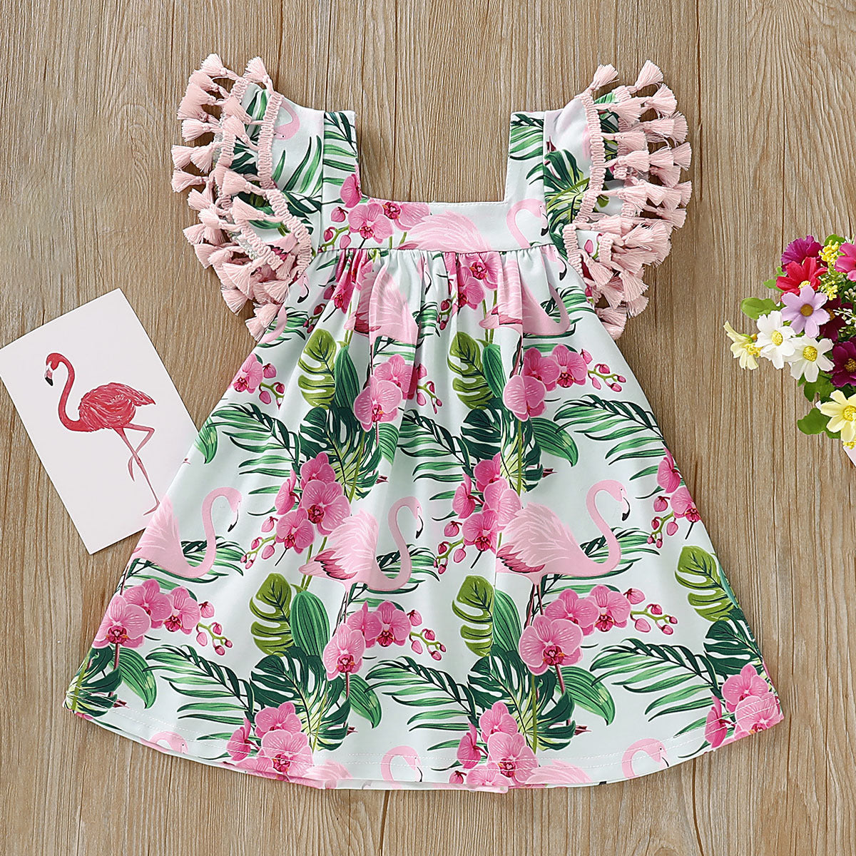 Dress Baby Summer Outfit Flamingo Fringed Sleeve Dress