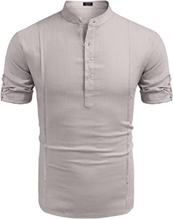 Henley Style Linen Shirt Men Casual Beach Shirt Short Sleeve T-Shirt Summer